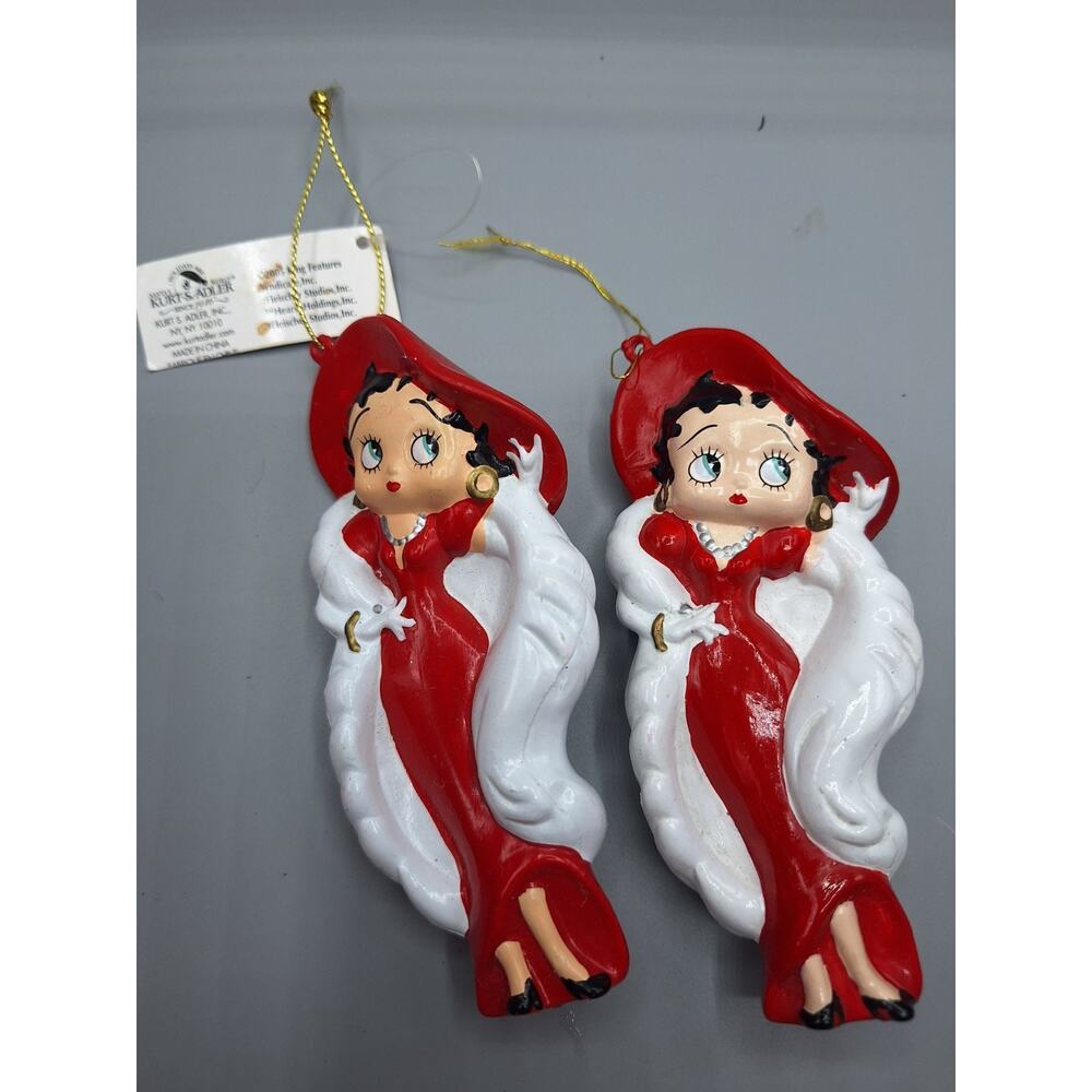2 Betty Boop Christmas Ornaments Red Dress and Hat with White Stole. Kurt Adler